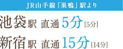 JR山手線「巣鴨」駅より、池袋駅 直通 5分[5分]、新宿駅 直通１5分[15分]